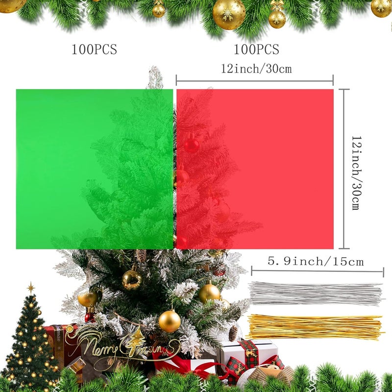 Shitailu 200Pcs Cellophane Sheets Christmas Plastic Wrap 2 Mix Colors Translucent Holiday Color Green, Red for Easter X-Mas Valentines DIY Craft Present Wrap Treats, Baskets, 12 x 12 inch (Christmas) - Image 2